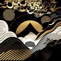 Japanese traditional Ukiyo-e gold, black and white corrugated mountains Maki-e Abstract, Elegant and Modern AI-generated illustration