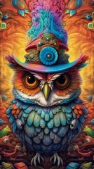 Obraz premium Abstract Colorful Portrait of an Owl Wearing a Hat. Generative ai