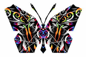 The symmetrical logo in the shape of a butterfly has dynamic gradient batik flower line art in a luxurious pattern colour 
