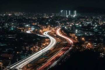 Fototapeta na wymiar High angle view of light trails on road at night Generative AI