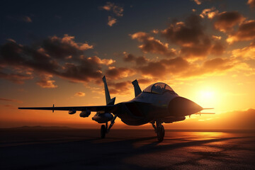 Fototapeta na wymiar illustration 3d model of jet-fighter at sunset sky Generative AI
