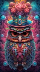 Abstract Colorful Portrait of an Owl Wearing a Hat. Generative ai