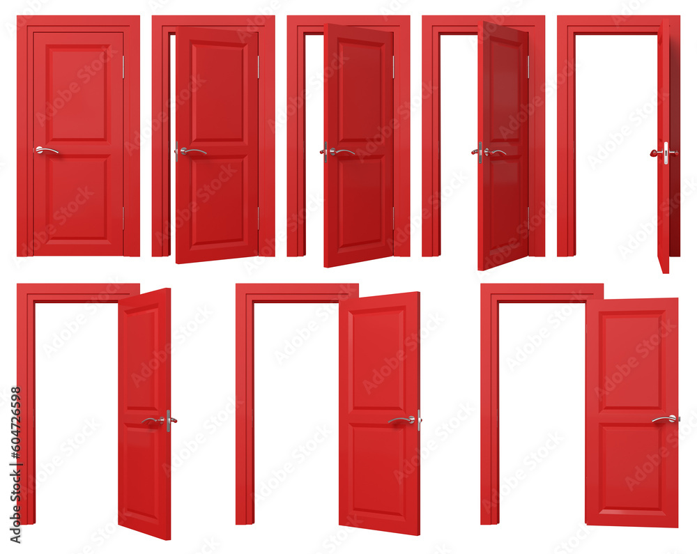 Fototapete Red doors set with silver handle. Front view opened and closed door isolated on transparent background. 3D rendered image.