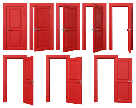 Red doors set with silver handle. Front view opened and closed door isolated on transparent background. 3D rendered image.