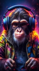 DJ Monkey in Headphones and Suit. Generative ai
