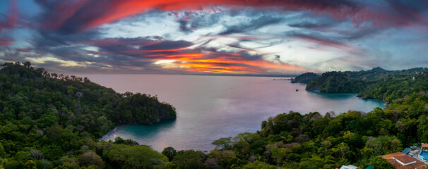 View over Wafers Bay Cocos Island Costa Rica. Aerial Drone View of a tropical island with lush jungle in Costa Rica © Aerial Film Studio