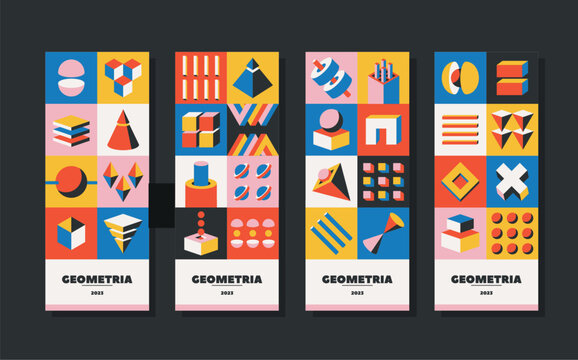 Bauhaus Pattern Banners Showcase Volumetric Figures With Geometric Shapes And Bright Colors. Inspired By The Bauhaus Art