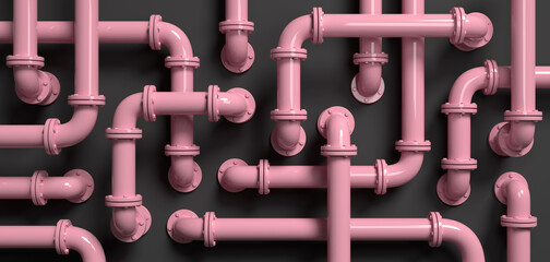 Pink pipe maze on a black wall. Glamour indastrial background. 3D rendered image. - obrazy, fototapety, plakaty