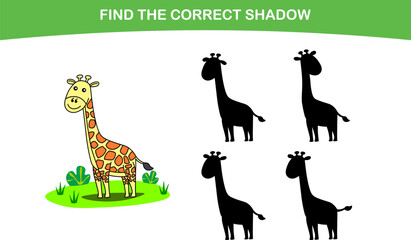 Finding the correct giraffe shadow. Find the correct shadow. Educational matching game for children. Cartoon vector illustration