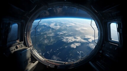 View of the planet Earth from the window of the spaceship. blue sky and planet, clouds. Created with generative AI