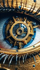 Obraz premium Close-Up of Woman's Eye, Iris Composed of Tiny Clockwork Gears. Generative ai