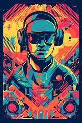 A retro-inspired poster, vector illustration of a DJ with turntables and headphones, surrounded by geometric shapes and vibrant colors, capturing the energy of 80s music culture. Generative AI