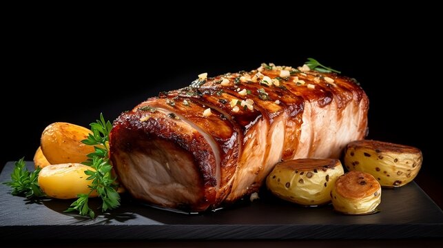 Roast pork loin with potatoes and parsley on black background. Created with generative AI