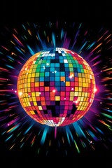 An abstract vector illustration of a disco ball with colorful rays of light and sparkling effects, symbolizing the vibrant nightlife of the 80s. Generative AI