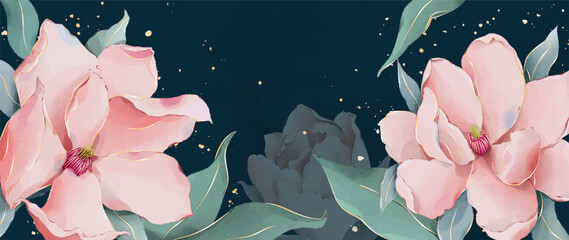 Watercolor art background with pink magnolia flowers and gold hand drawn elements. Botanical banner for decoration design, print, wallpaper, textile, interior, invitations, cover. © VectorART