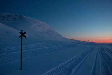 Sunset at Kungsleden winter skiing trail between Hemavan and Viterskalet, Lapland, Sweden