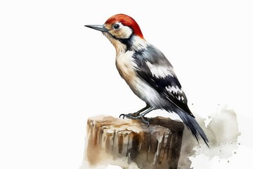 Watercolor spotted woodpecker on a white background created with generative AI technology. - obrazy, fototapety, plakaty