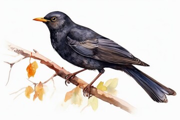 Watercolor Blackbird on a white background created with generative AI technology.