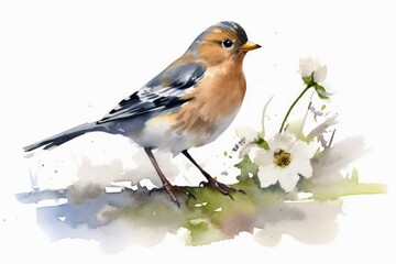 Watercolor chaffinch on a white background created with generative AI technology. - obrazy, fototapety, plakaty
