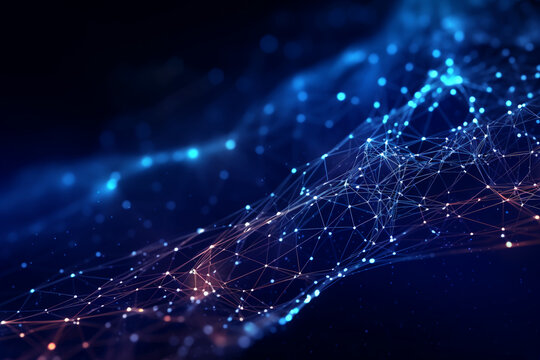 Abstract blue digital technology background of dots and lines. Concept for neural network, cybersecurity,  data stream, database, supercomputer, cloud computing. Generative AI illustration