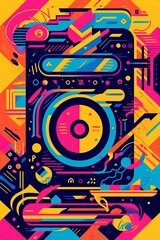 A retro-inspired poster vector illustration of a cassette tape with colorful abstract shapes and patterns, symbolizing the music of the 80s. Generative Ai