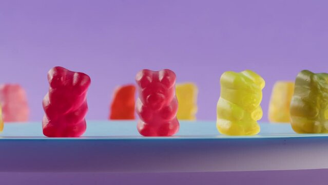 Jelly marmalade bear close up, Confiture Bean candy jujube Marmalade bears with cod cannabis close up. 