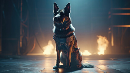 Photo realistic illustration of a cyborg guard dog German Shepherd, in post-apocalyptic wasteland. Anatomy and lighting reference. Generative AI.