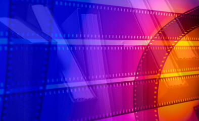 abstract color background with film strip and books .film screenplay film adaptation series storytelling concept.