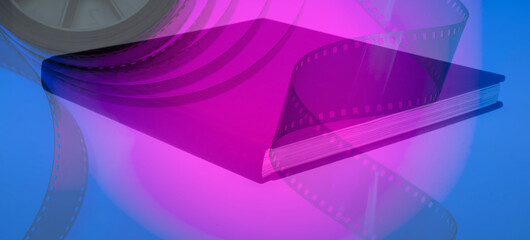 abstract color background with film strip and books .film screenplay film adaptation series...