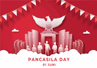 Fototapeta Selamat Hari Lahir Pancasila Translation : The Day of Birth of Pancasila Vector Illustration. Happy Pancasila Day Paper Cut Style for Banner, Poster, Greeting Card obraz