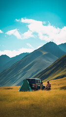 Naklejka premium Vertical image of a couple camping with a all terrain car in a beautiful mountain scape. Generative AI