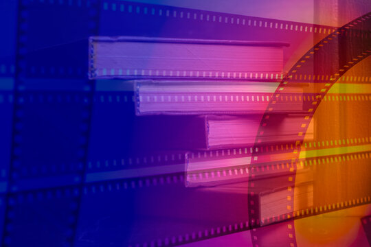 abstract color background with film strip and books .film screenplay film adaptation series storytelling concept.