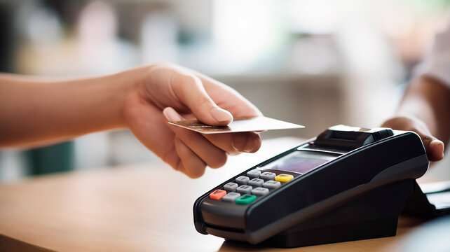 Unrecognizable person paying with contactless credit card in dataphone. sales concept, shopping. Generative AI