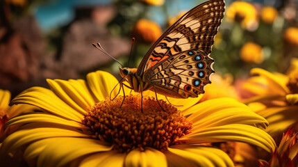 Close up macro illustration of butterfly with flower