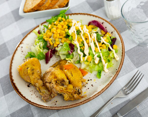 Piece of roast chicken with cold salad of vegetables and canned corns served in a plate