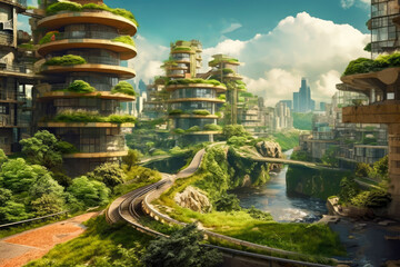 urban future lifestyle with many green plants in buildings, generative ai