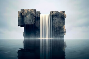 Waterfall with artificial boulders, futuristic and minimalist style, generative ai