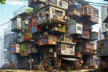 Fototapeta premium urban life, view of a colorful buildings, watercolor, surreal city scenes, generative ai
