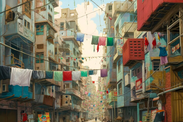 urban life, view of a colorful buildings, watercolor, surreal city scenes, generative ai