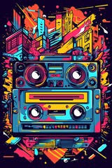 A retro-inspired poster , illustration of a boombox or cassette player with vibrant patterns and colors, symbolizing the music and fashion of the era. Generative AI