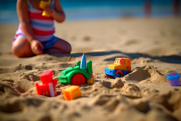 toys in the sand of a beach, child playing in background, generative ai