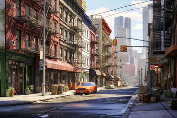 Obraz premium urban life, view of a colorful buildings, watercolor, surreal city scenes, generative ai