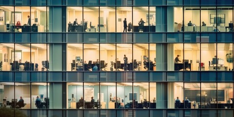 Outside view of office building many window with business people working inside. Generative AI AIG18.