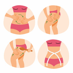Beautiful young woman does hand massage of abdomen and thighs. Prevention cellulite. Skin care. Young and slender body. Set beauty illustrations.