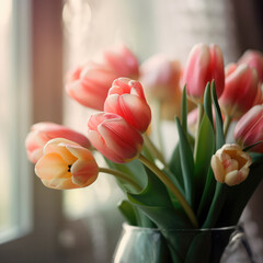 Beautiful spring bouquet of colorful tulips on the windowsill, creating a romantic atmosphere. Generative AI