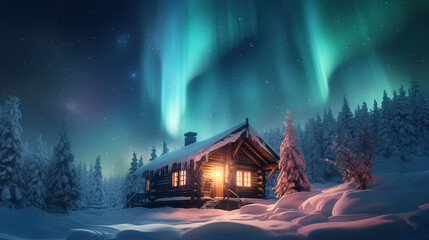Epic aurora borealis with the beautiful of home and snow