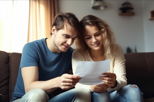 A young couple start to live together, they look at the first bill of their life together. Ai generated.
