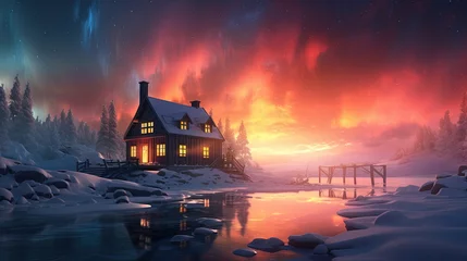 Foto auf Acrylglas Nordlichter Epic aurora borealis with the beautiful of home and snow
