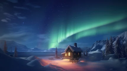 Fotobehang Epic aurora borealis with the beautiful of home and snow © Absent Satu