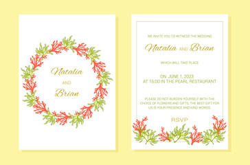 Wedding invitation Summer sea theme plants layout. A frame of marine elements with text. Algae, corals. Vector illustration.